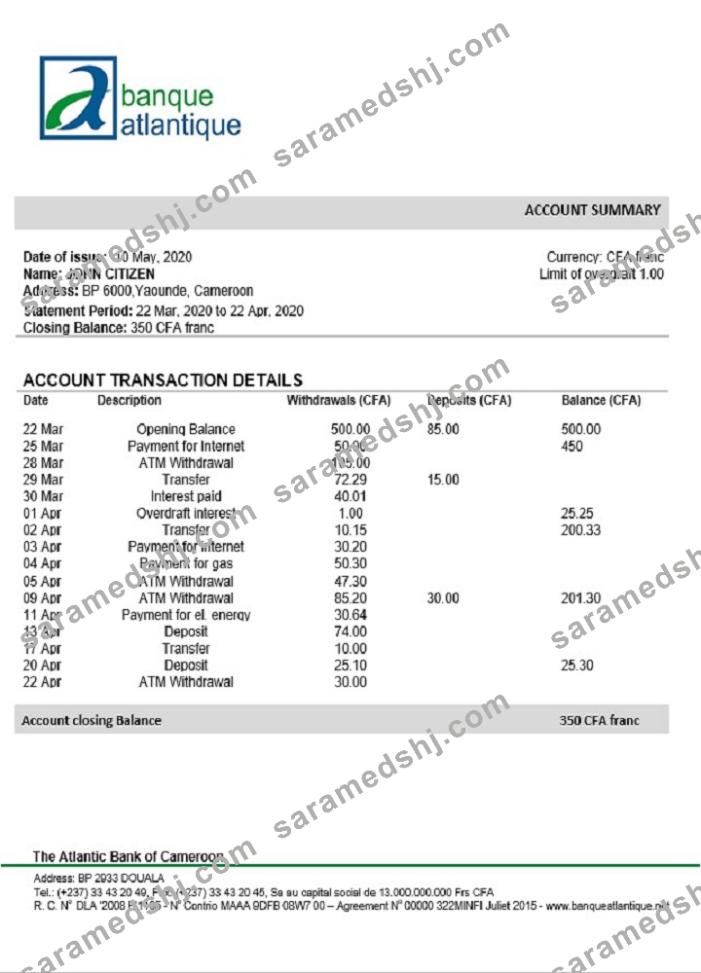 Cameroon Atlantic bank statement template, Word and PDF format